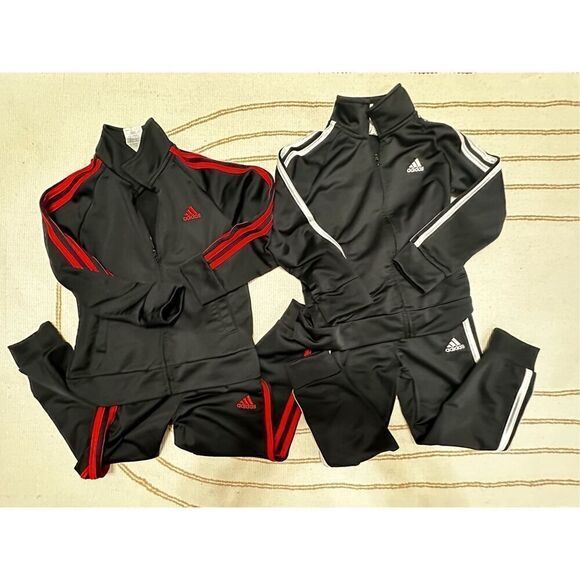 Adidas Kids' 3 stripe Jacket & Joggers SET of TWO (black & red and black & white